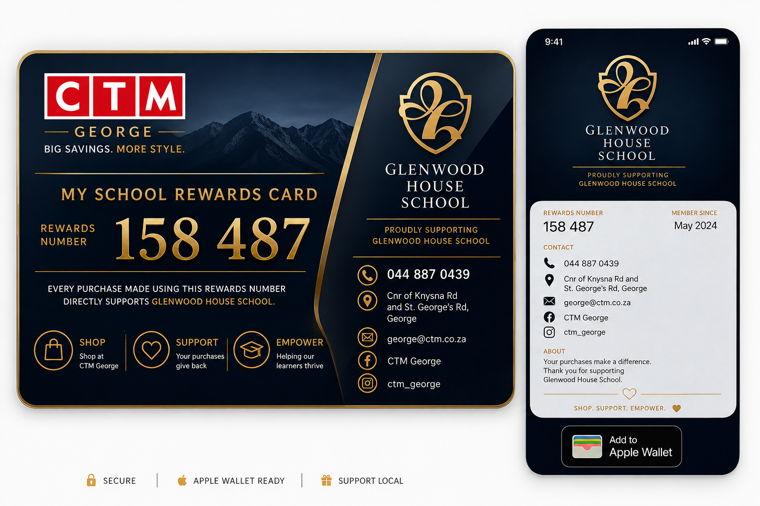 Preview of the CTM George and Glenwood House My School Rewards card in Apple Wallet